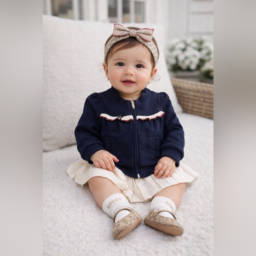 GUCCI Baby Infant Newborn GG Ruffle Long Sleeve Zip Up Jacket